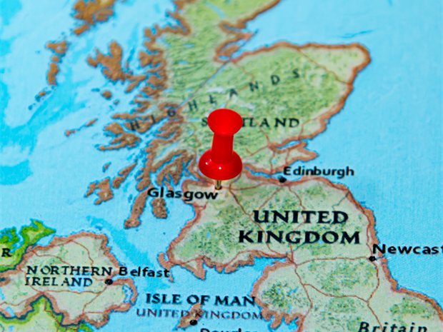 picture of a map with a pin in glasgow