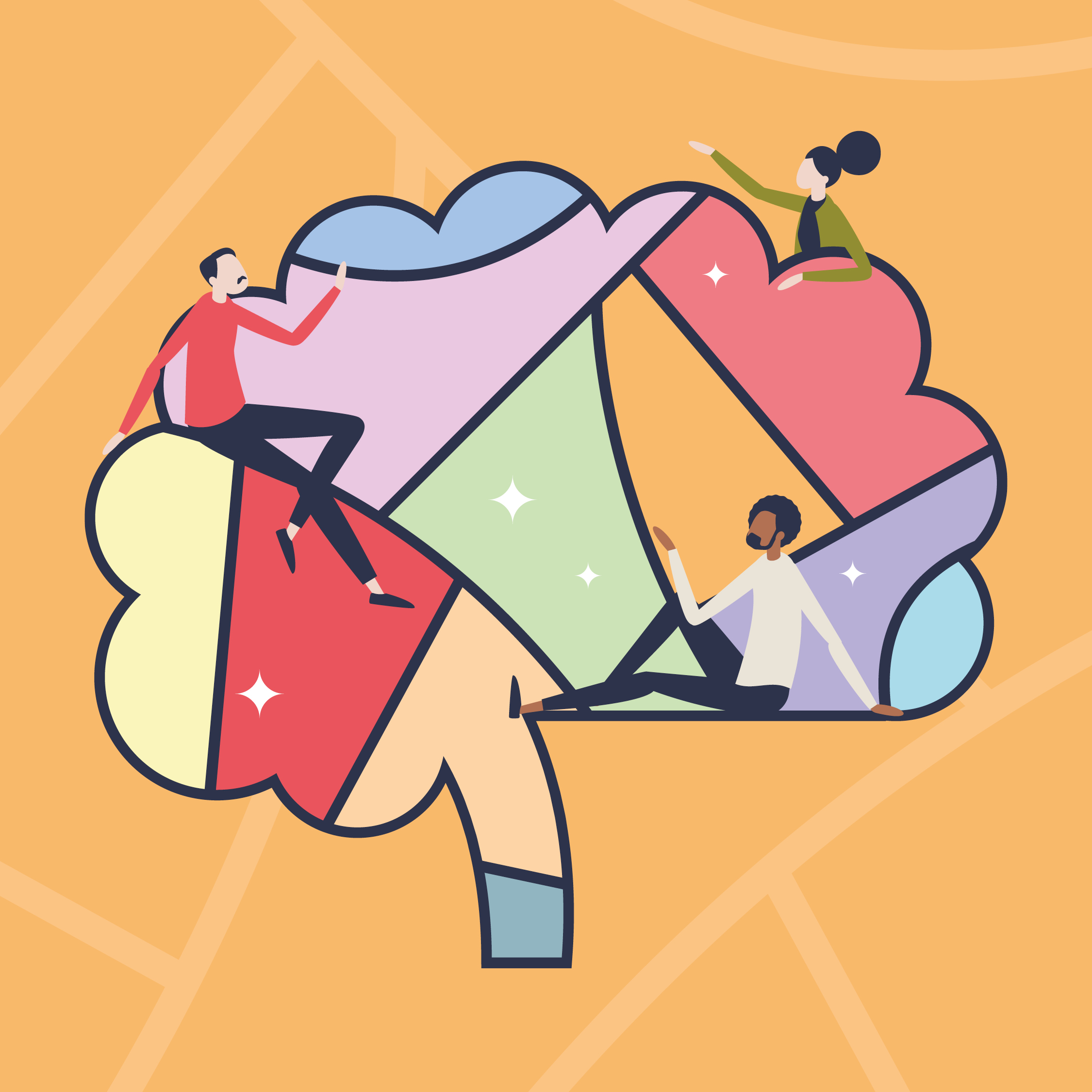 Graphic design for our 'We Can' neuro-divergency campaign showing diverse characters sitting on a multicoloured brain.