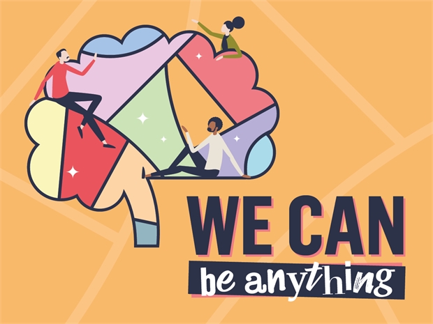 Graphic design for our 'We Can' neuro-divergency campaign showing diverse characters sitting on a multicoloured brain. Underneath is a text banner that reads 'We Can Be Anything'